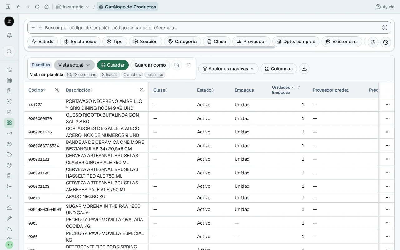 Catálogo operativo de inventario en Zoy ERP